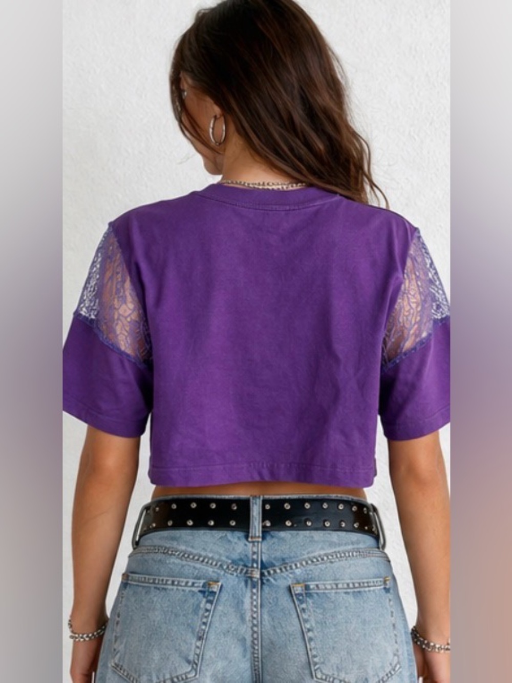 House of Holland | Purple | Crop Top | Lace Shoulder Tee | Edgy Streetwear